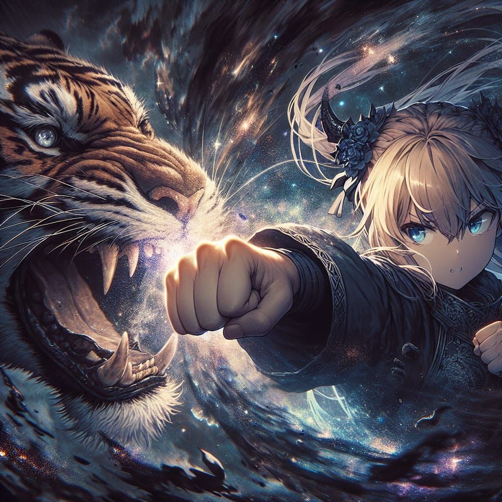 Anime Dragongirl Punches Tiger in Dark Fantasy War