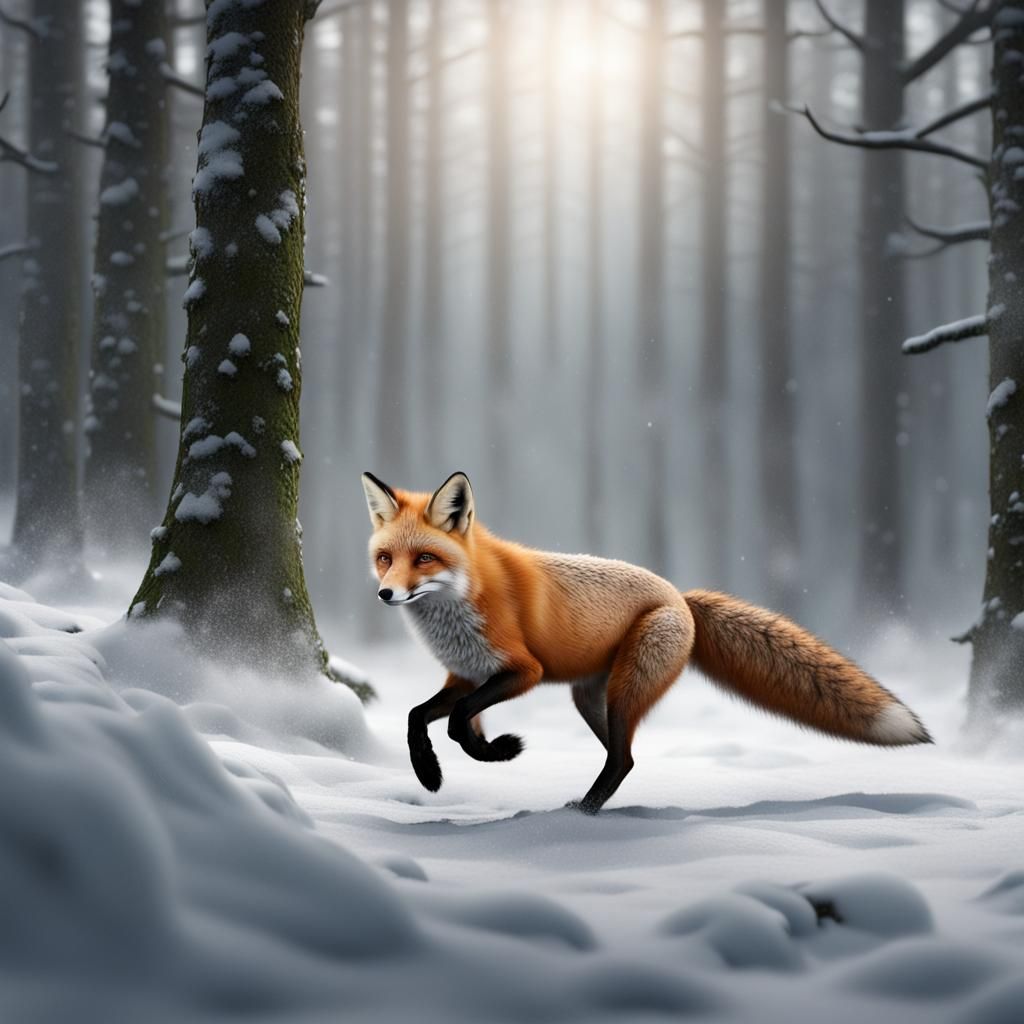 Fox Running Through Snowy Forest: Matte Painting