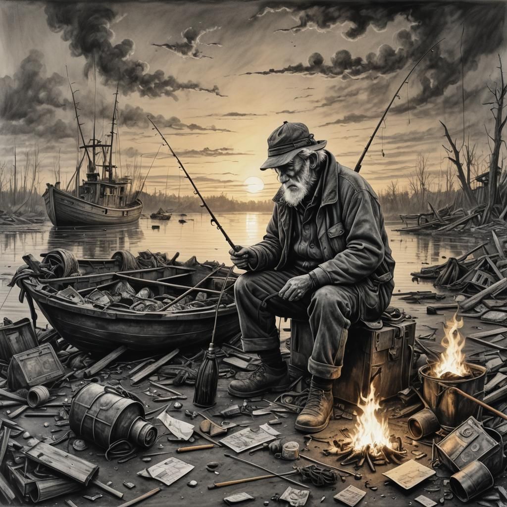 Post-Apocalyptic Old Man Fishing at Sunrise