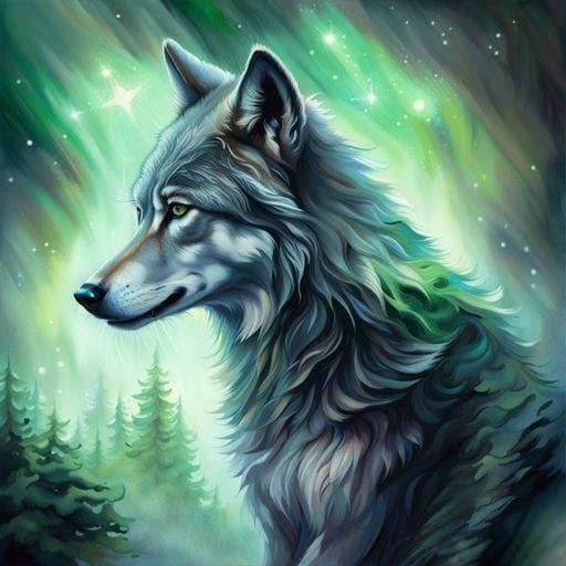 Cosmic Grey Wolf Portrait in Fantasy Style