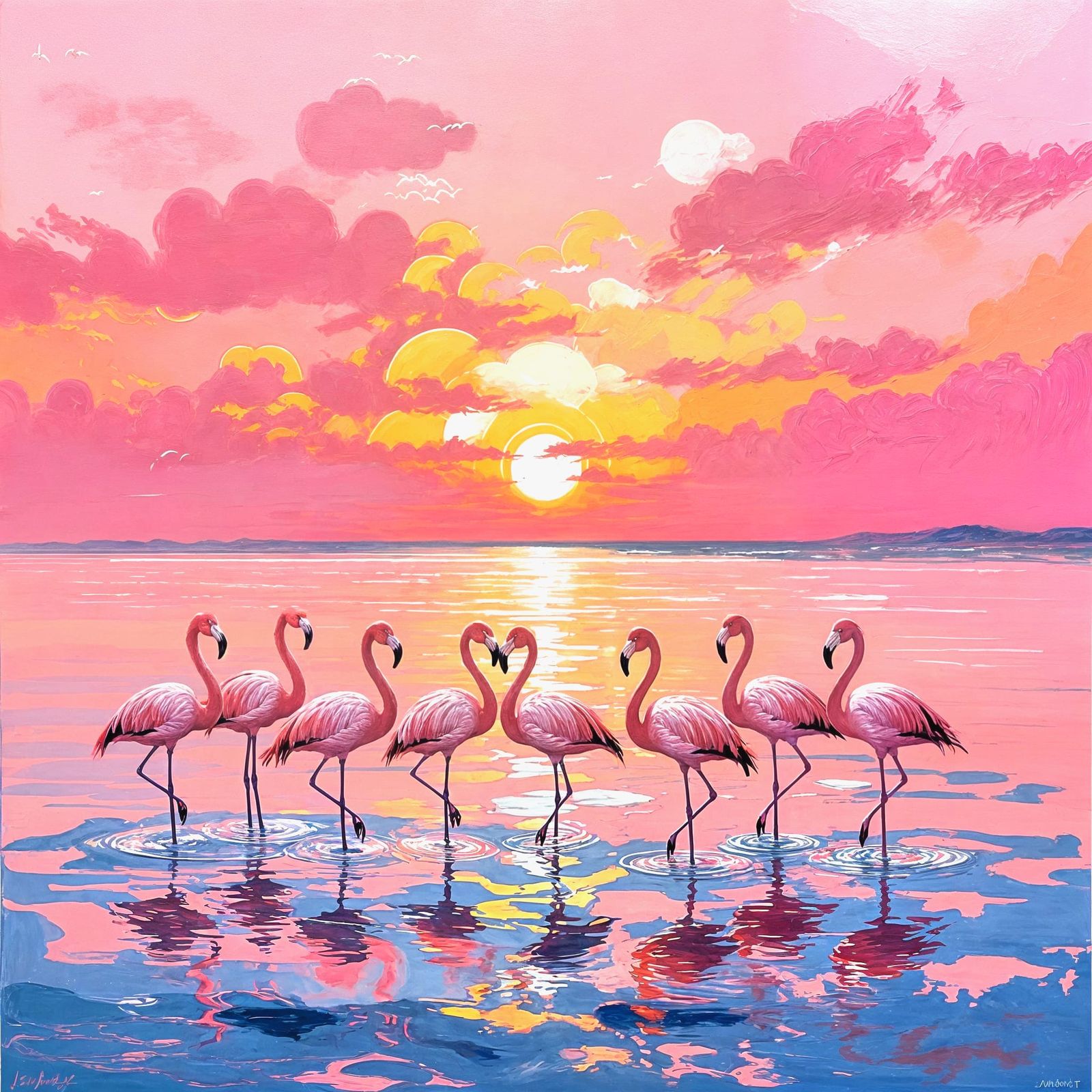 Flamingos at Sea Under Pink Sunset in Acrylic Oil Paint
