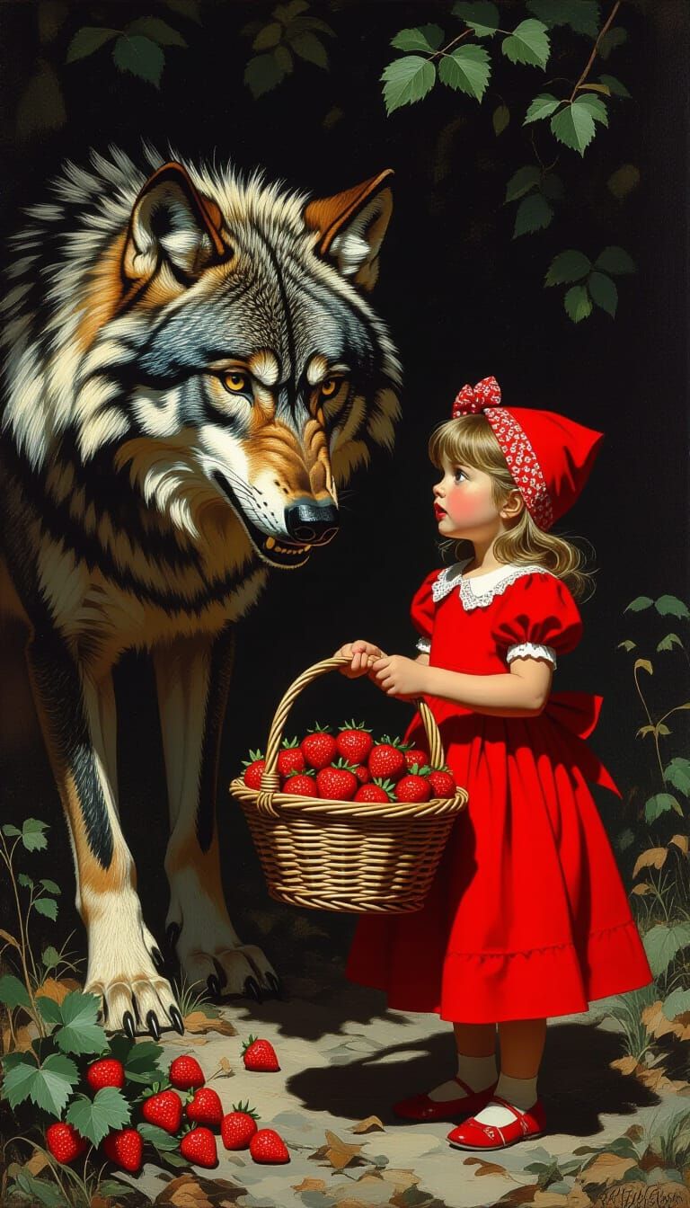 Little Red Riding Hood Confronts a Hungry Wolf