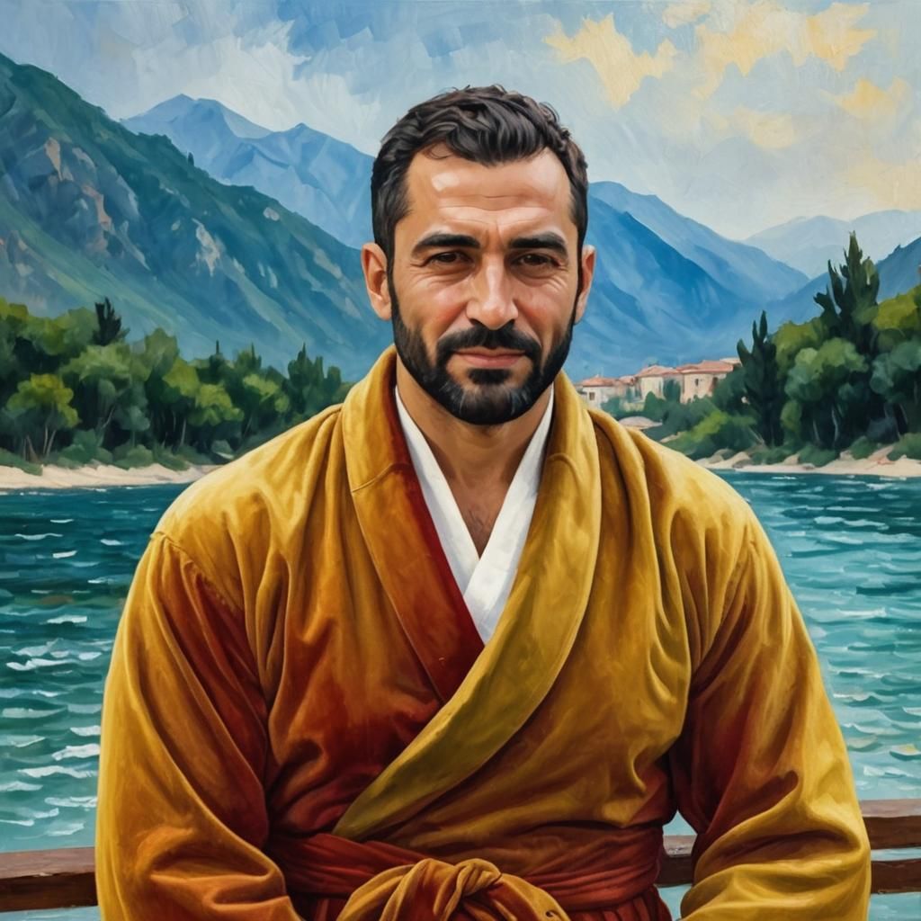 Portrait of Handsome Man in Velvet Robe as Impasto Painting