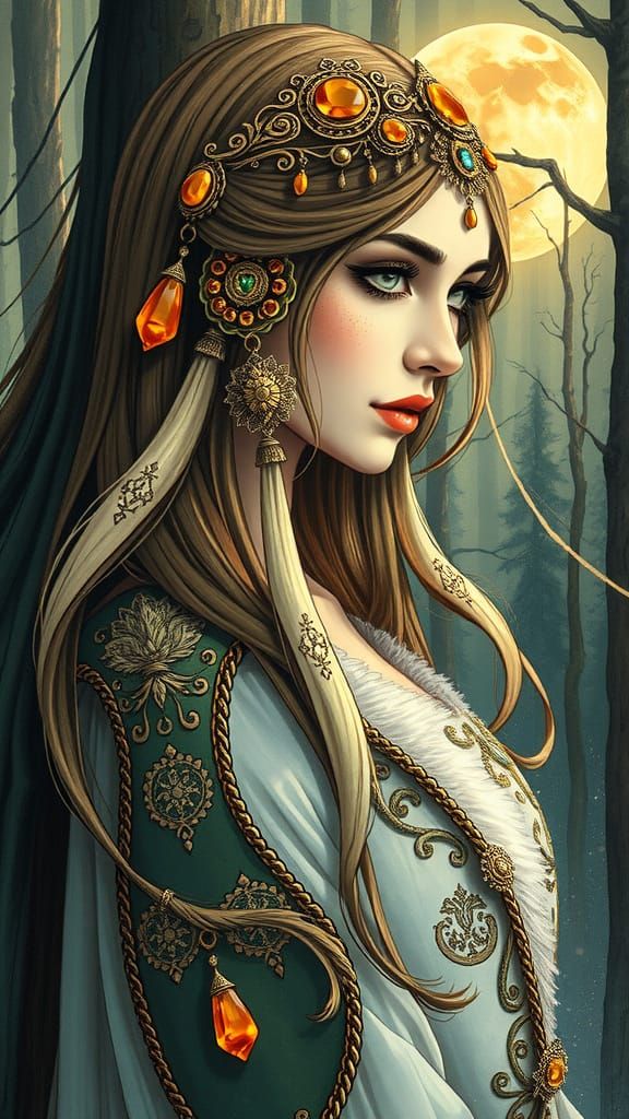Mystical Slavic Princess in Ancient Forest: Pen and Ink