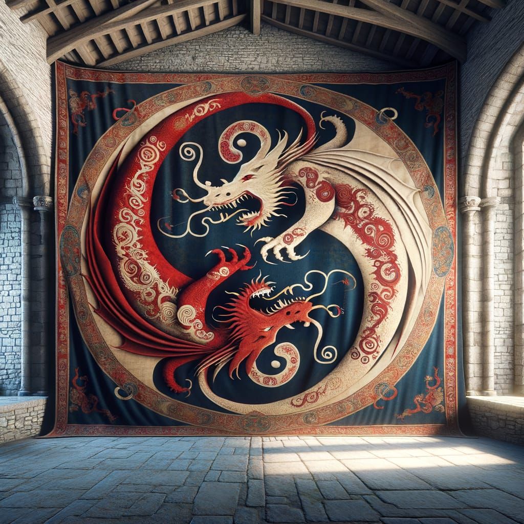 Mythic Tapestry of Red and White Dragons in Balance and Harm...