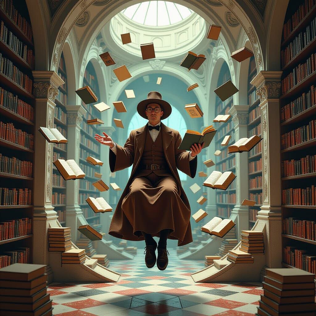 Floating Library: A Surreal Art Nouveau Dreamscape