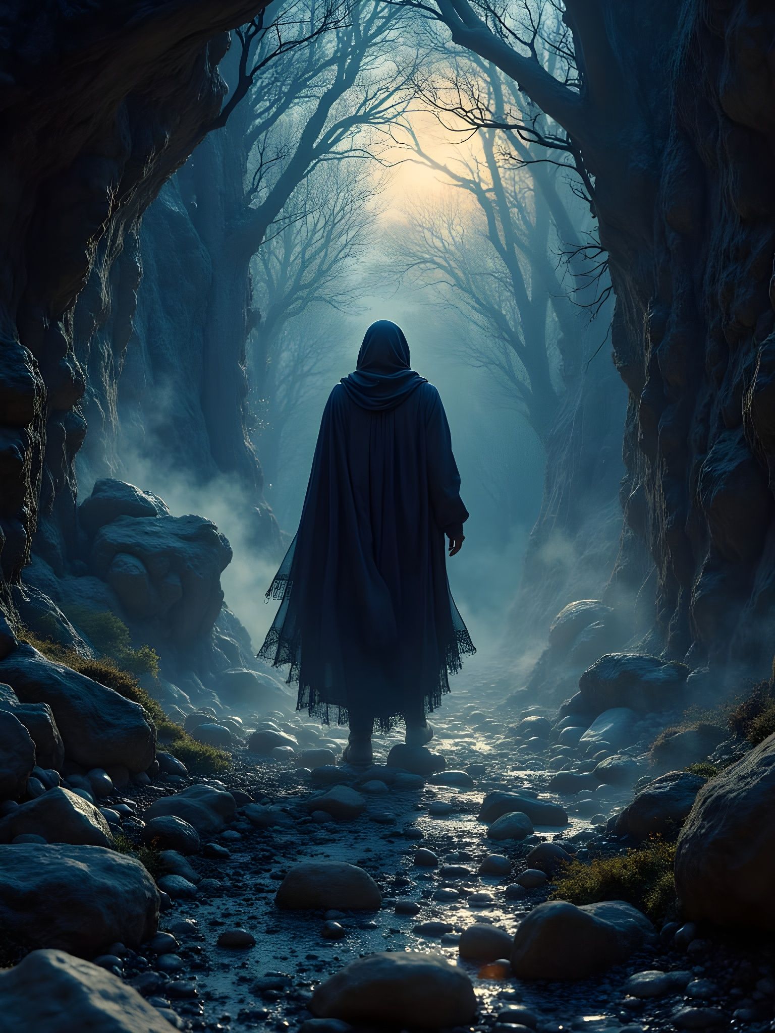 Infinity Path Through Dark Stone Landscape