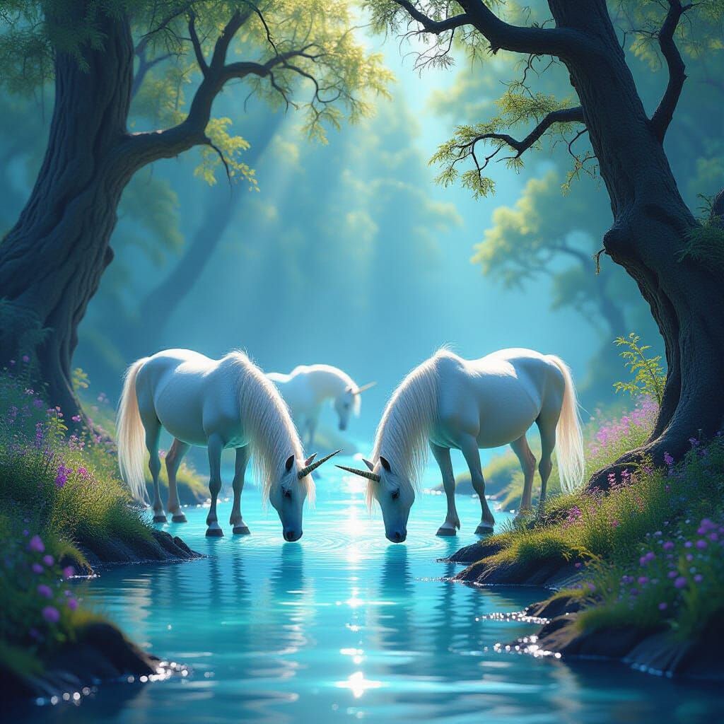 Unicorns Drink From Glowing River in Enchanted Glade