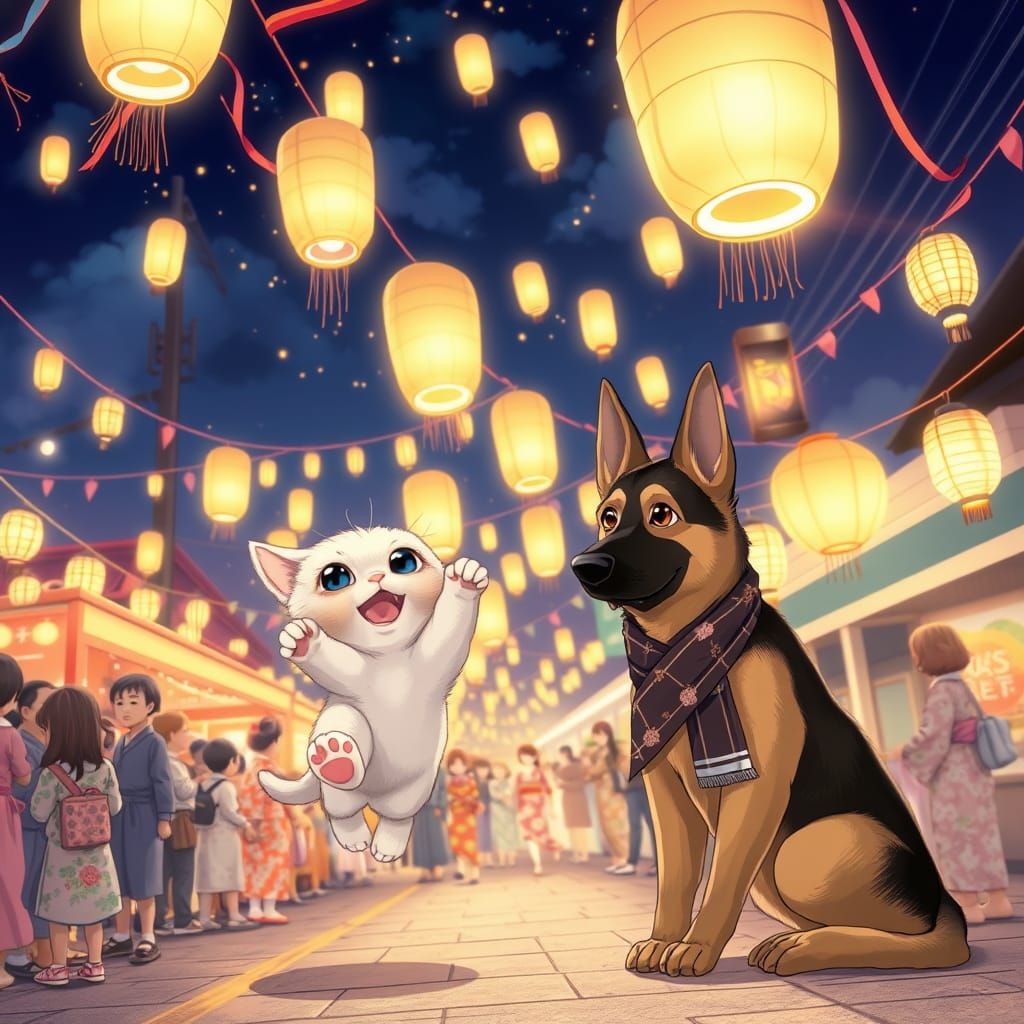 Whimsical Tanabata Festival Scene in Soft Anime Style