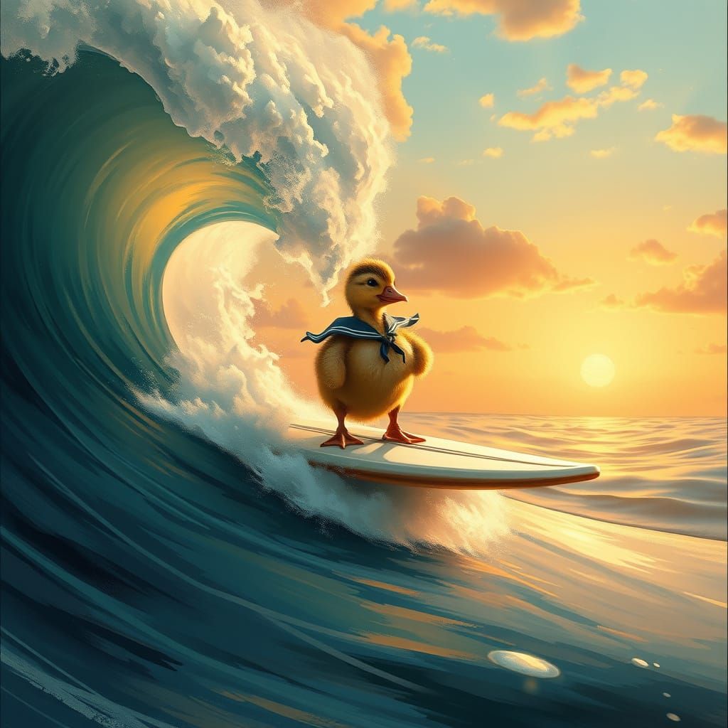 Duckling Riding Majestic Wave at Sunset in Rococo Style