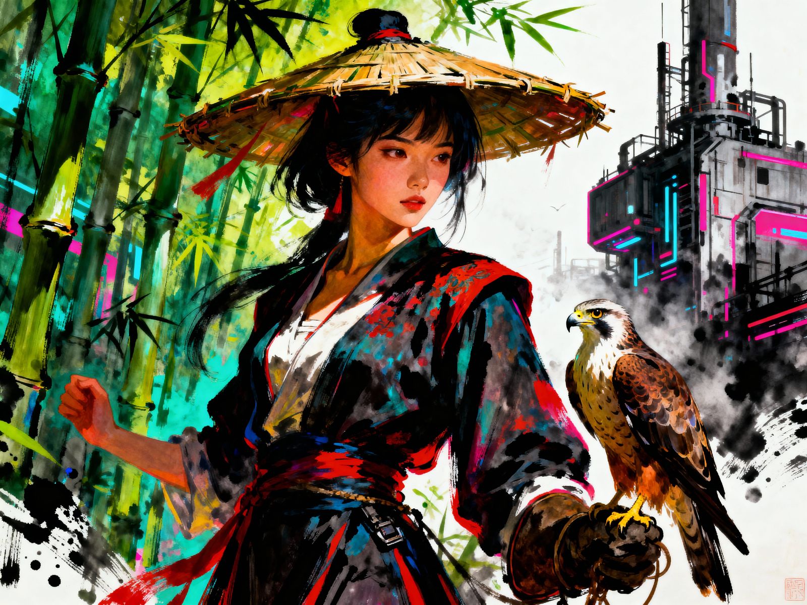 Wuxia Girl and Hawk in Futuristic Chinese Ink Wash Style