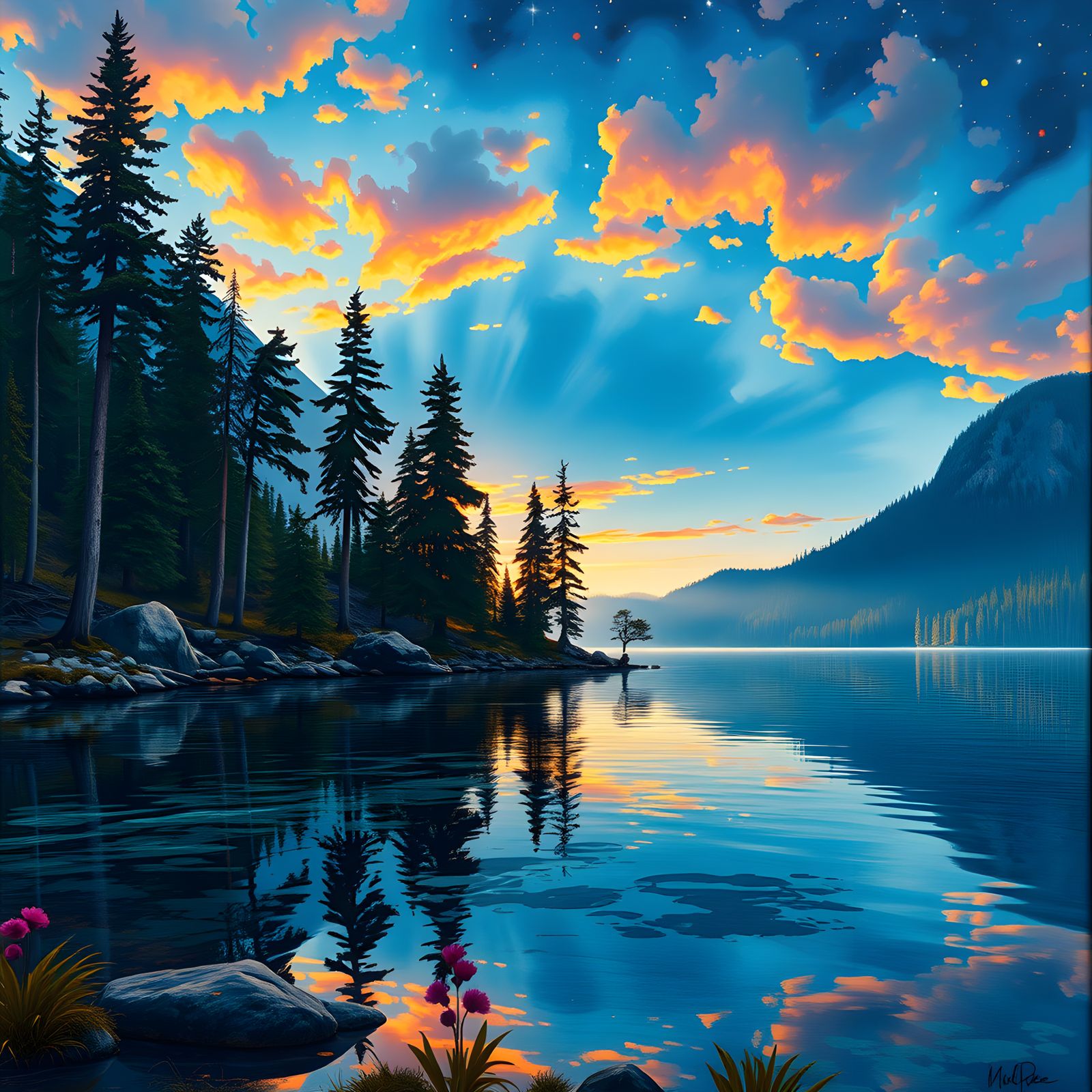 Ethereal Lake Scene at Sunset in Impasto Watercolor