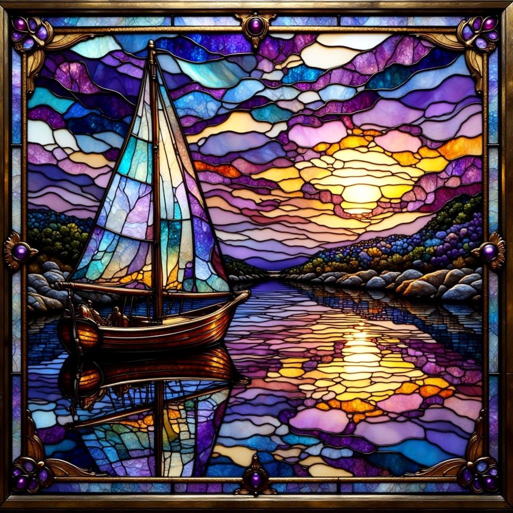Vibrant Sunset Sailboat in Intricate Stained Glass Art