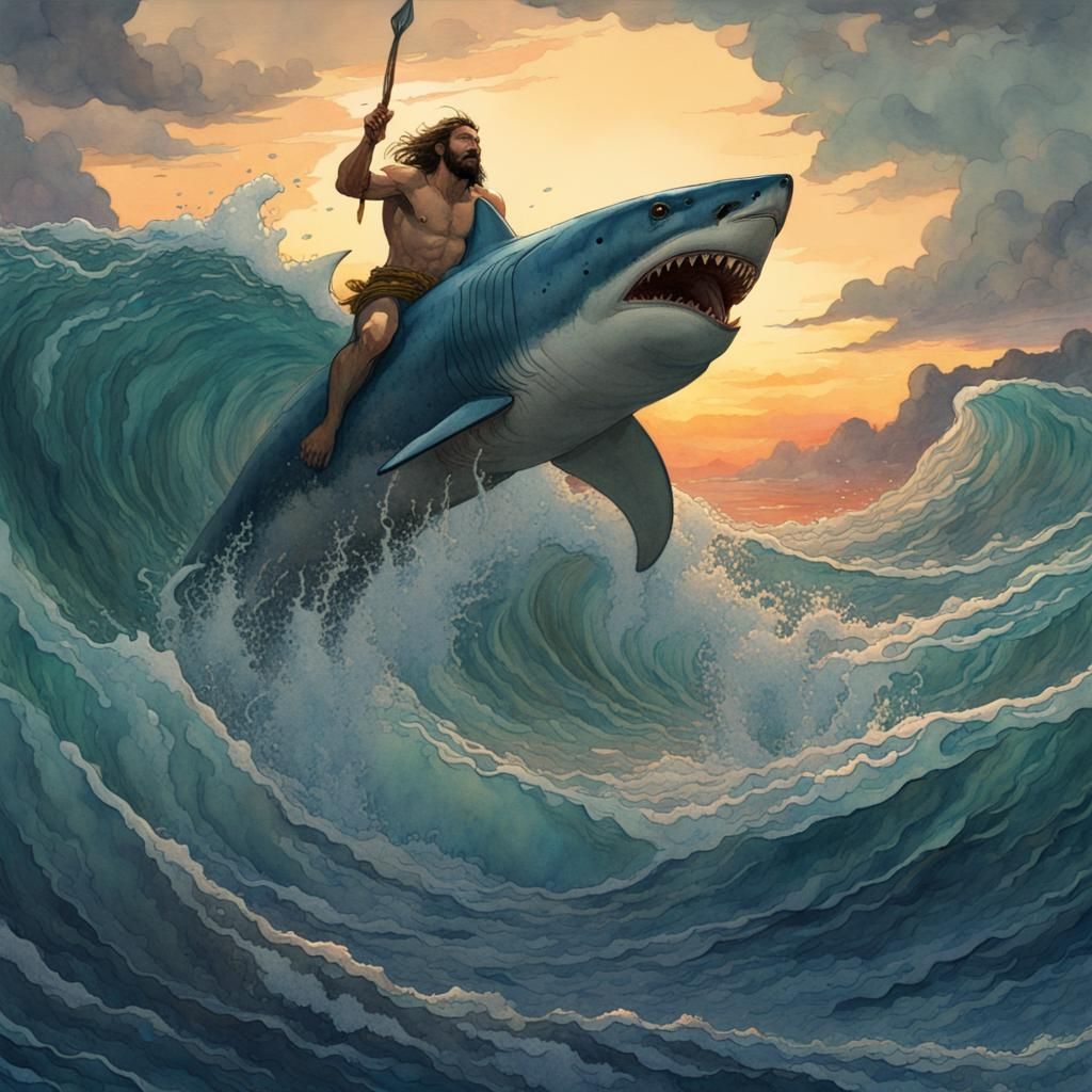 Poseidon on Shark in Underwater Realm