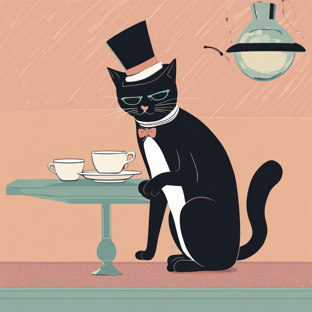 Anthropomorphic Cat in Bowler Hat at Cafe