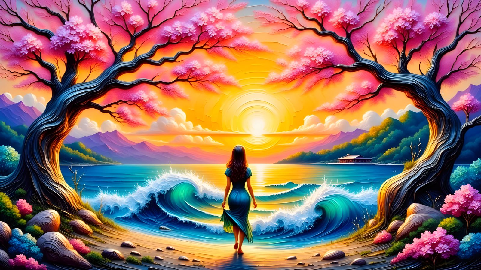 Surreal Cherry Blossom Landscape with Swirling Blue Waves an...