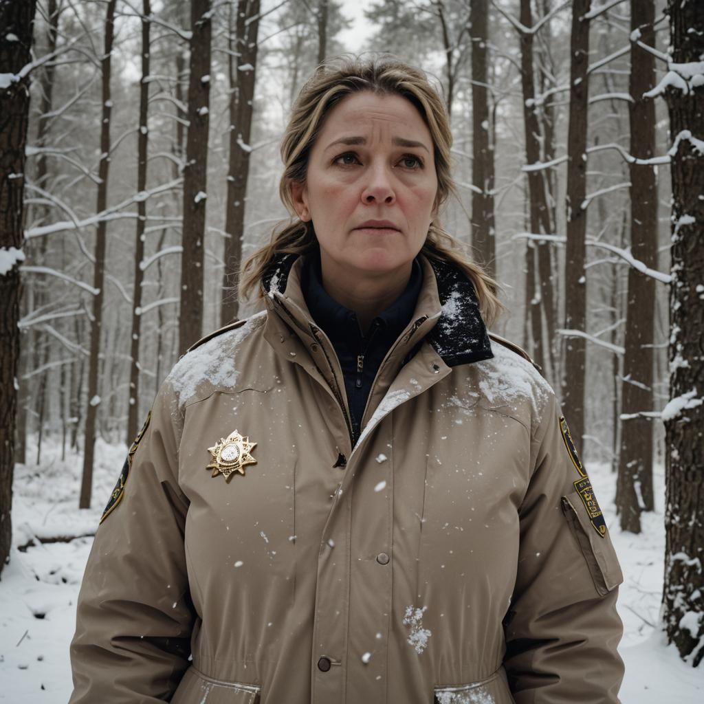 Pregnant Police Chief in Snowy Woods, Symmetrical Film Still