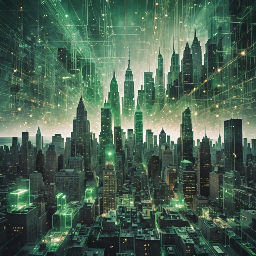 Surreal New York City Quantum Entanglement in Emerald Green