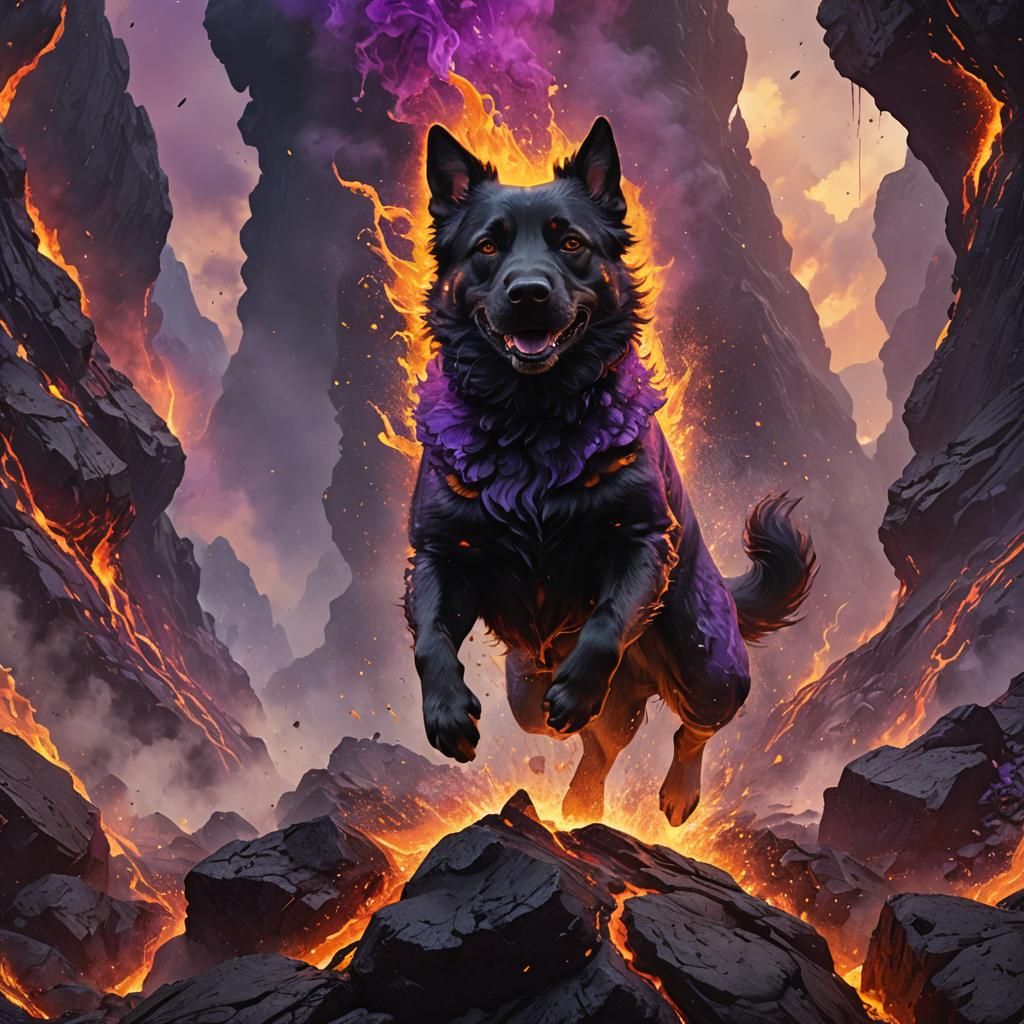 Dog Jumping in Lava: Dark Fantasy Concept Art