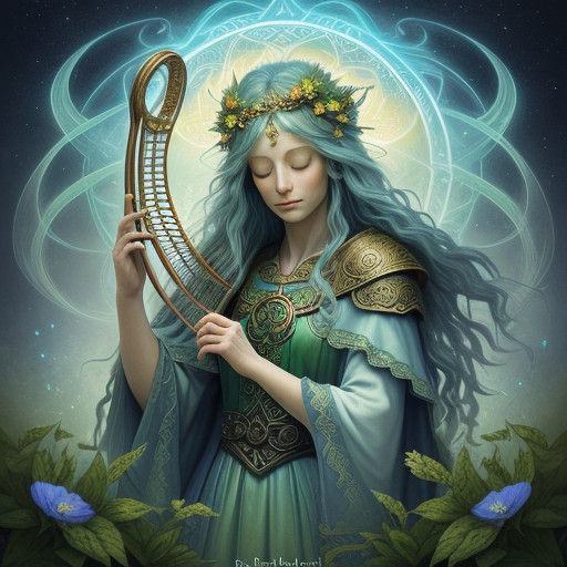 Whimsical Druid Surrounded by Celtic Symbols and Soft Owl