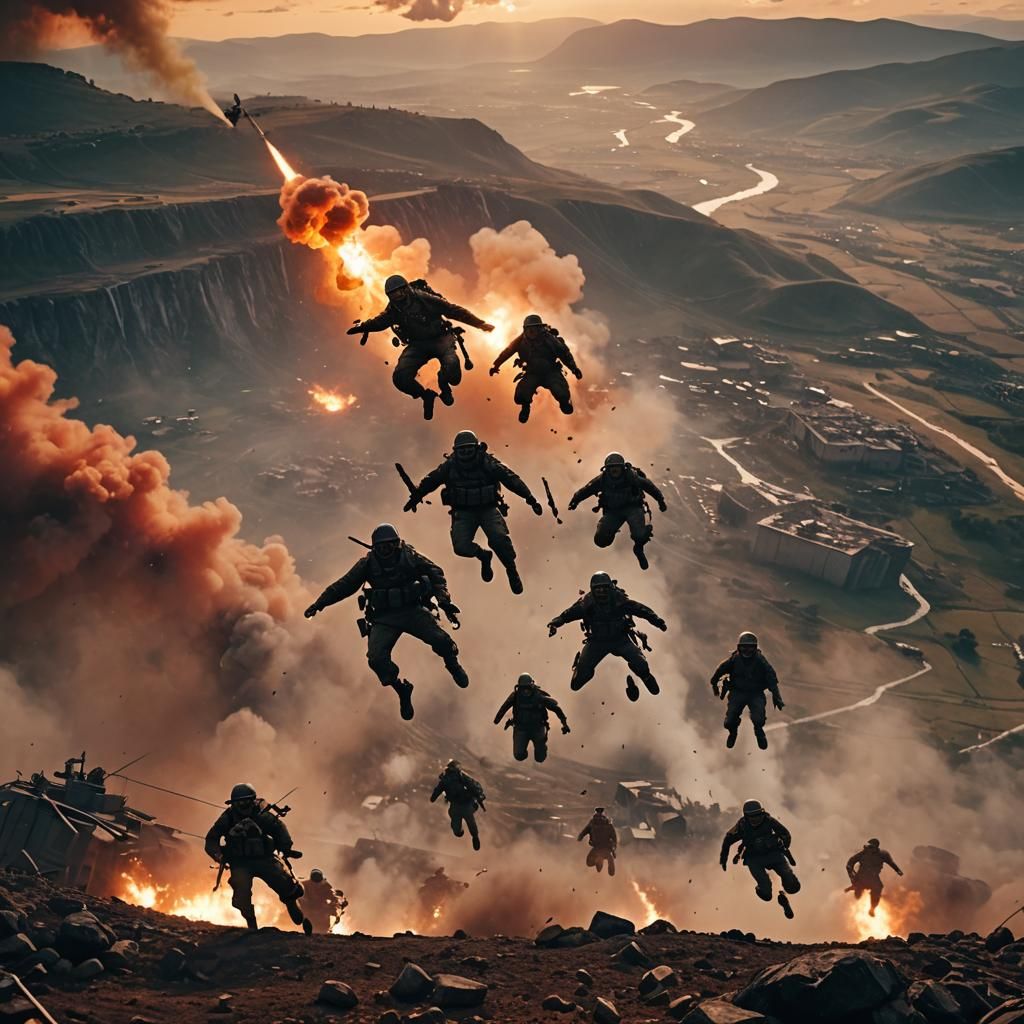 Paratroopers Descending over Valley Military Base in Cinemat...