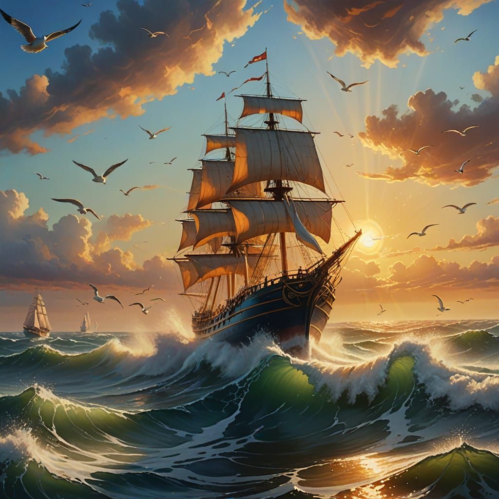 Surreal Ship Voyage in Oil Painting Style