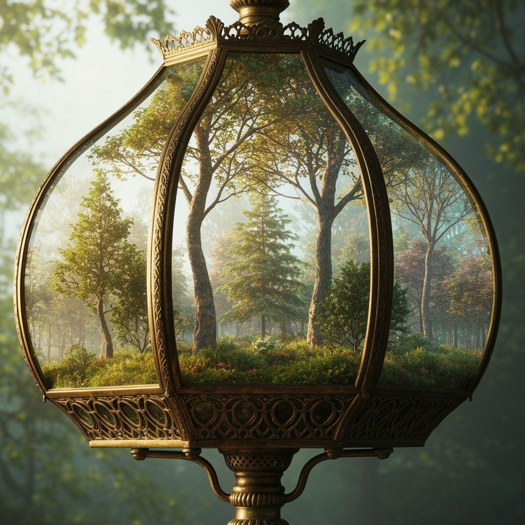 Ornate Lamp Housing a Lush Forest