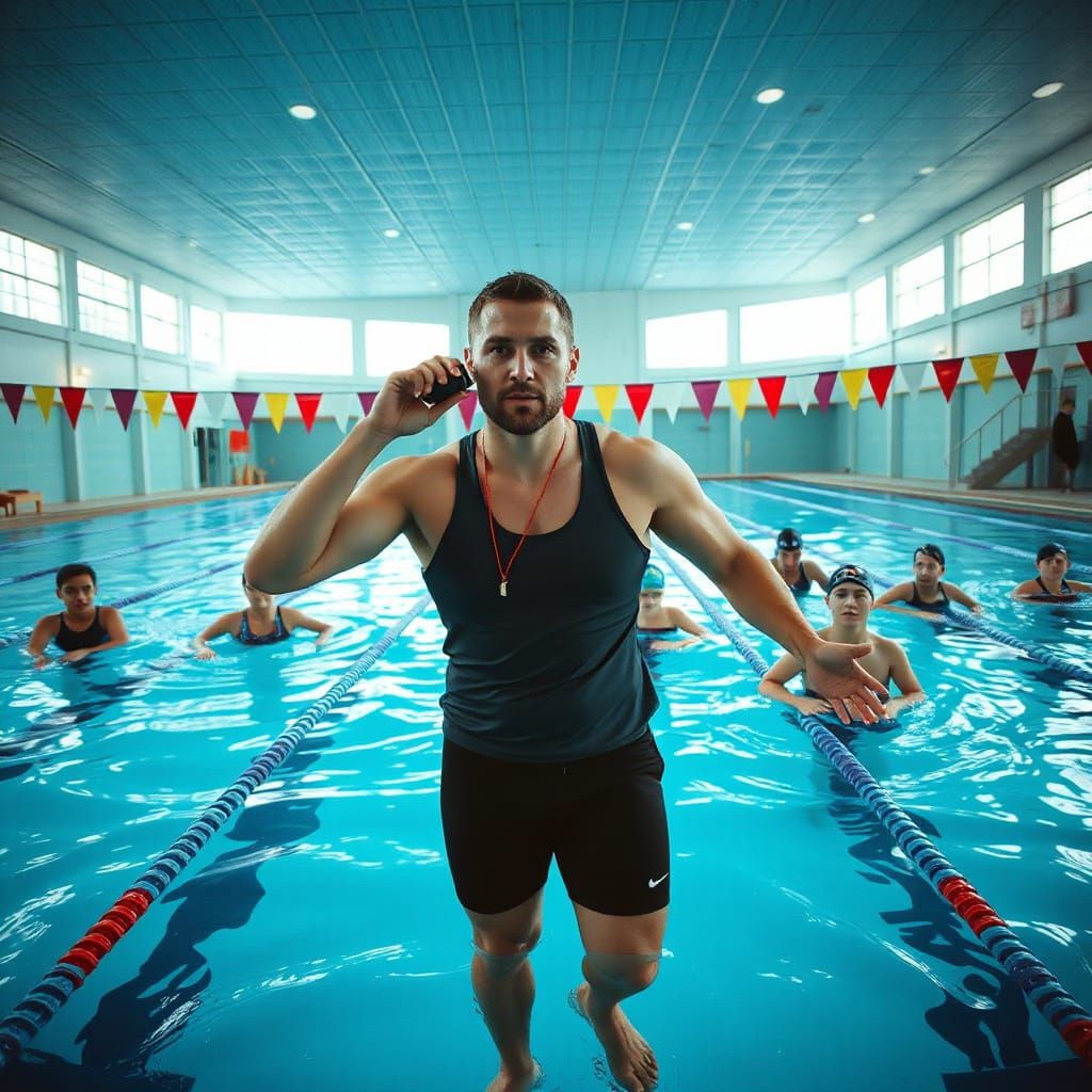 Athletic Coach Trains Swimmers in a Vibrant Indoor Pool