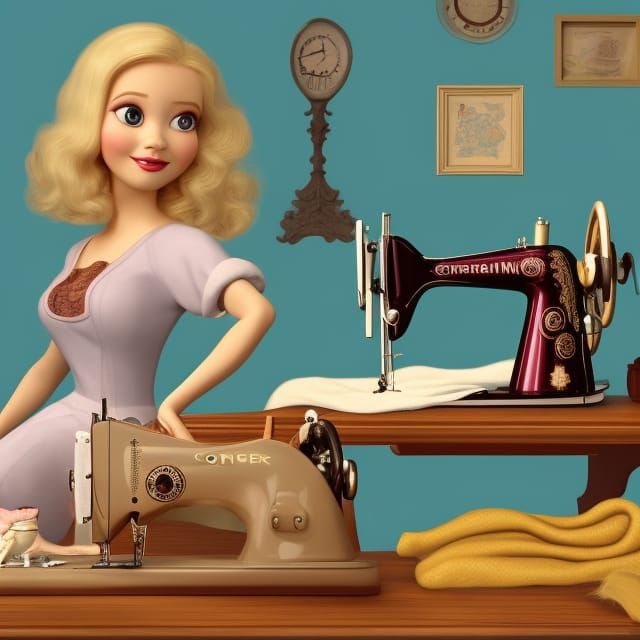 A beautiful blonde woman in a quilt shop with a cat and vintage Singer sewing machine. detailed Pixar, Disney, concept a...