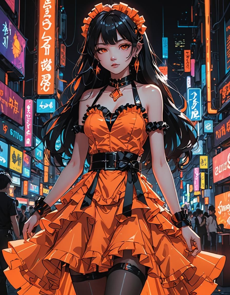 Neon Orange gothic-themed dress. amidst bright neon lights. The dress is a flowing ruffle dress with a gem-encrusted bla...