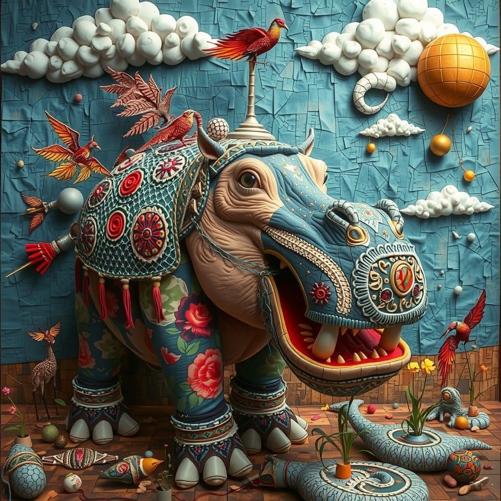 Surreal Fabric Mosaic Hippo Warrior in Whimsical Style