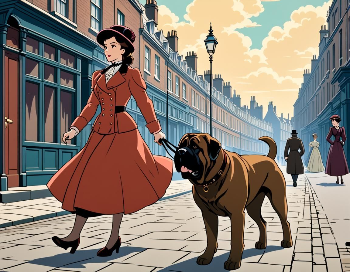Victorian Woman Walks Mastiff: Retro Anime Style