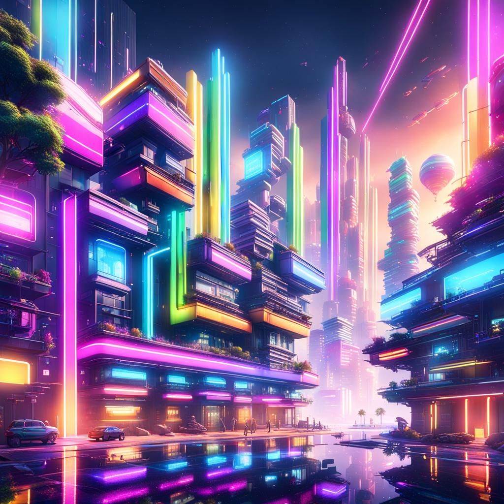 Futuristic Cityscape with Rainbow Neon Lights in 8K