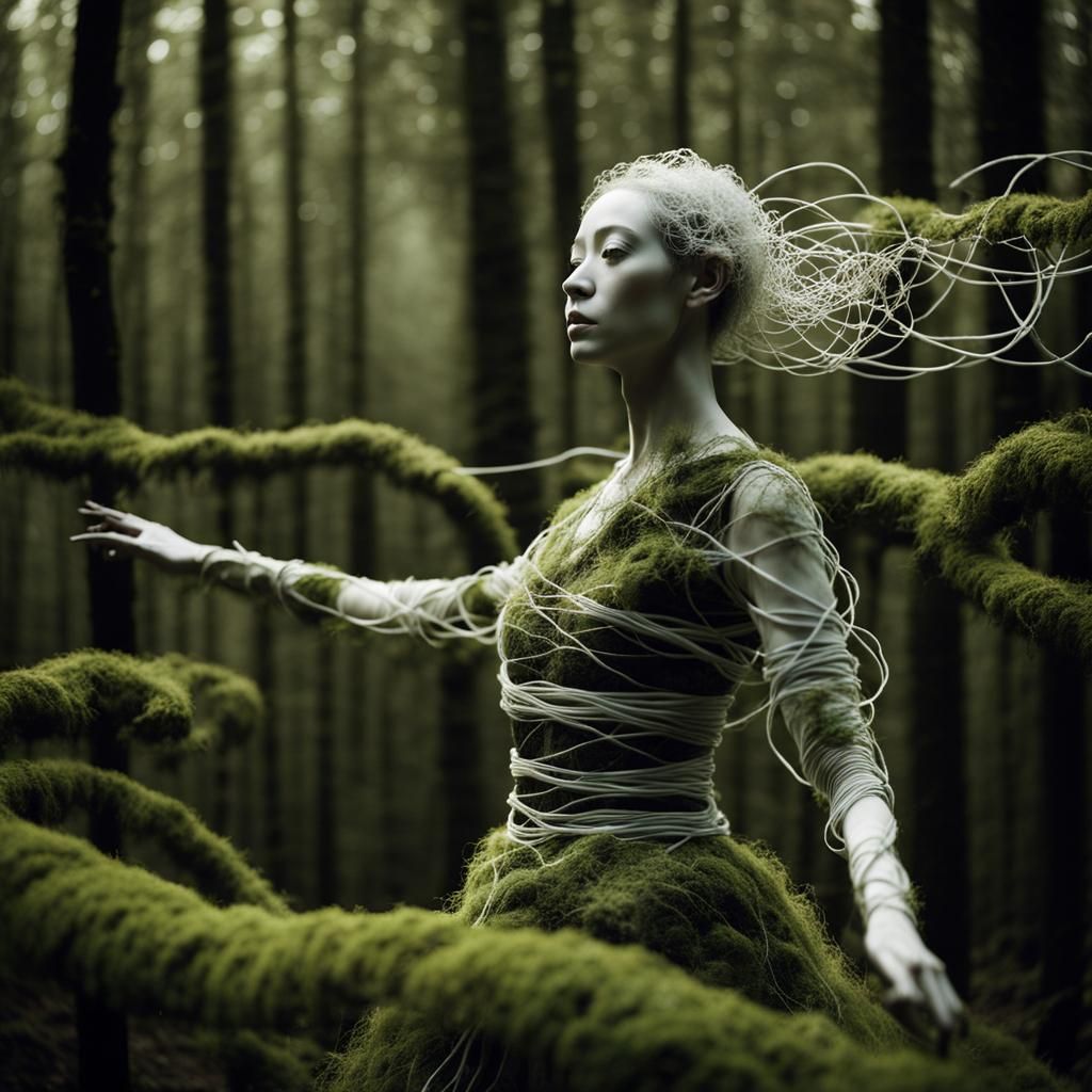 Ethereal Butoh Dancer Blending into Forest, Installation Art