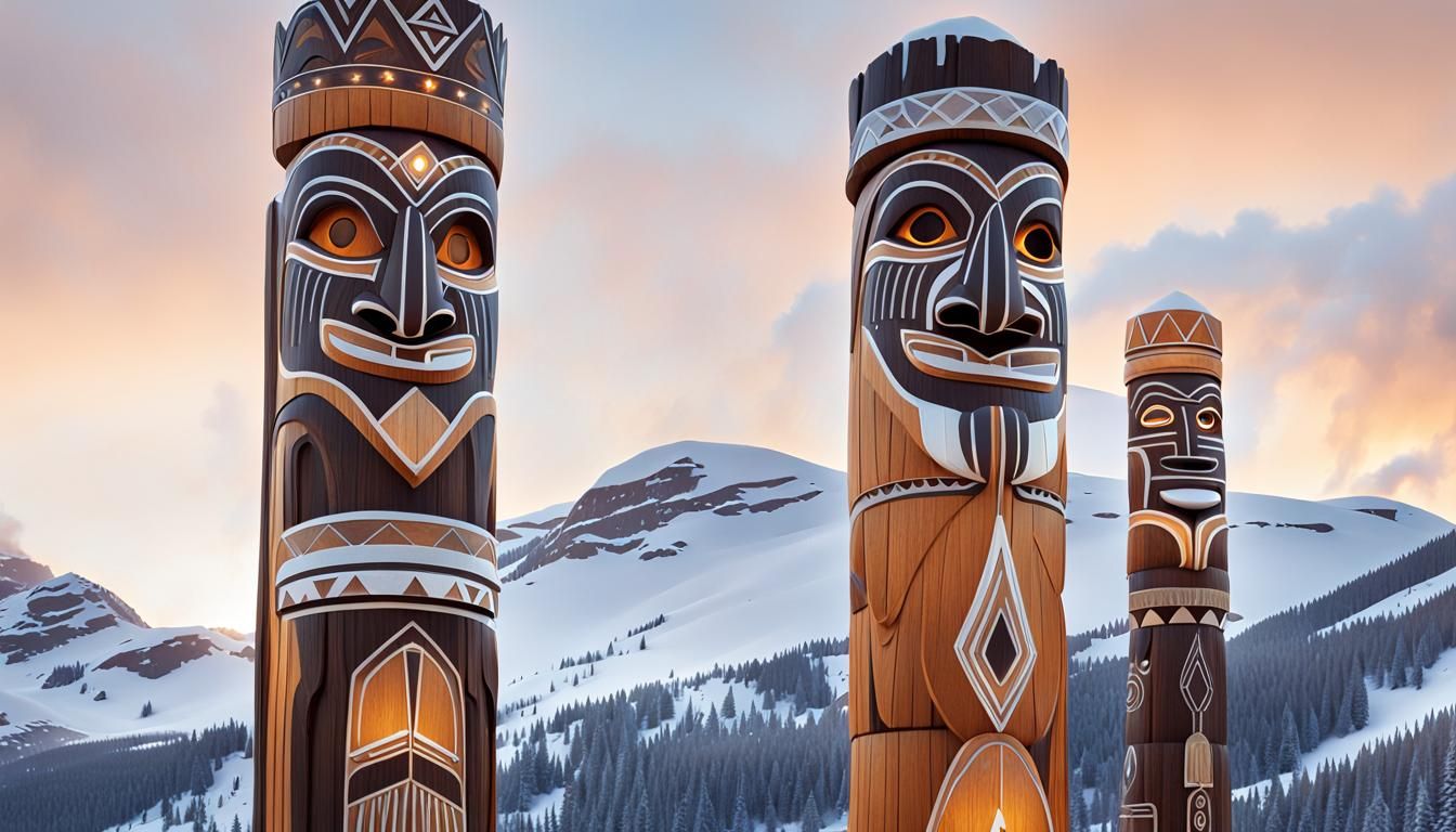 Detailed Totem Poles on Snowy Mountain