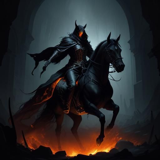 Headless Horseman Rides Flaming Horse: Dark Fantasy Art