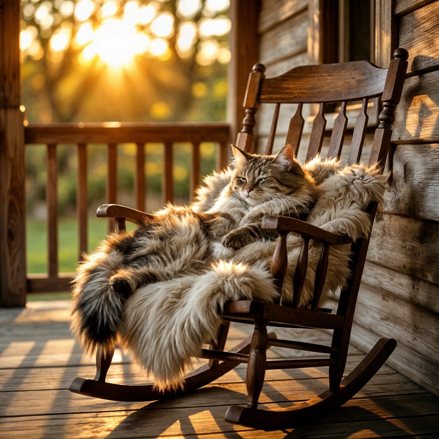 Cat Napping in Sunlit Porch: Cinematic Film Still