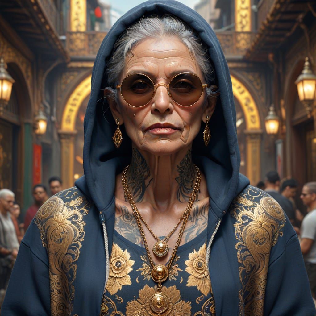 Elegant Old Woman in Hip Hop Attire, Hyperdetailed Fantasy A...