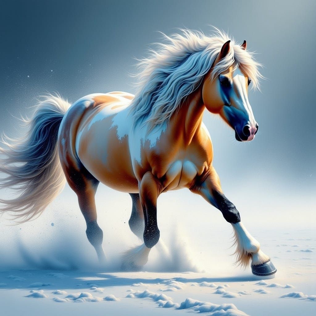 Majestic Horse Gallops Through Blizzard, Impressionistic Sty...