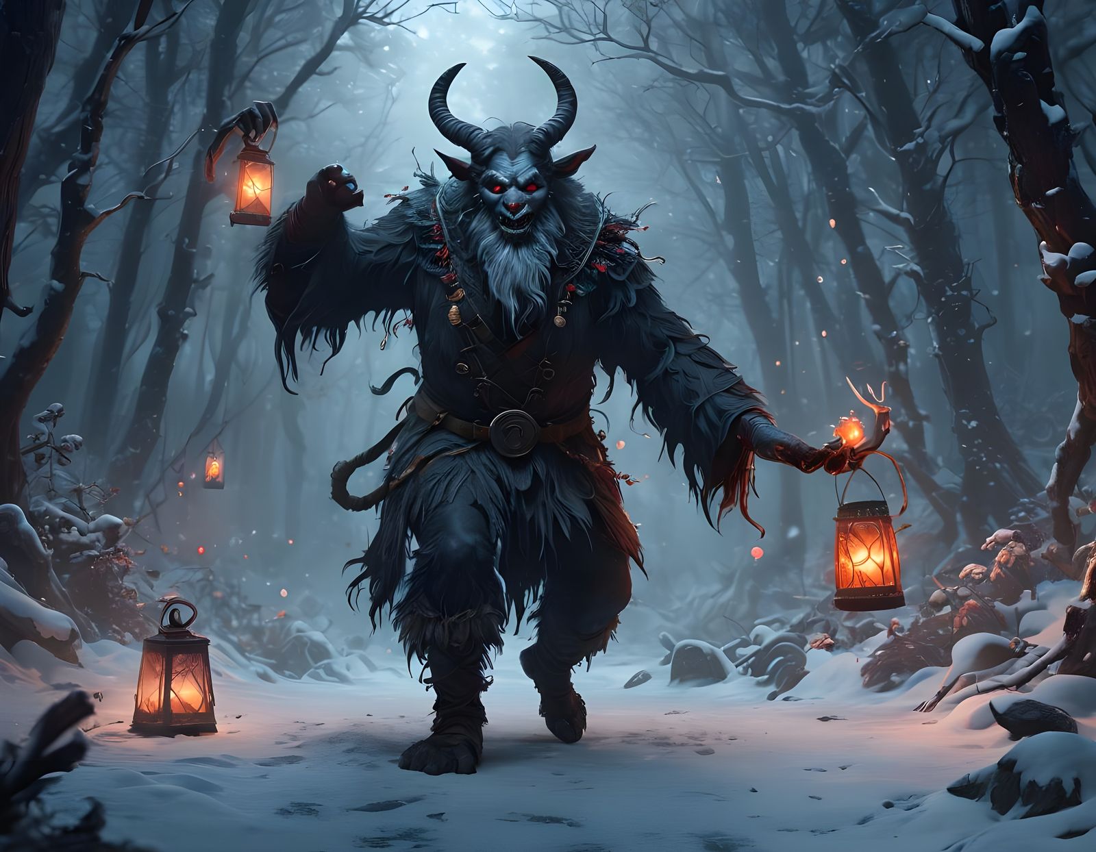 Krampus Dances in Winter Wonderland with Sack of Mischievous...