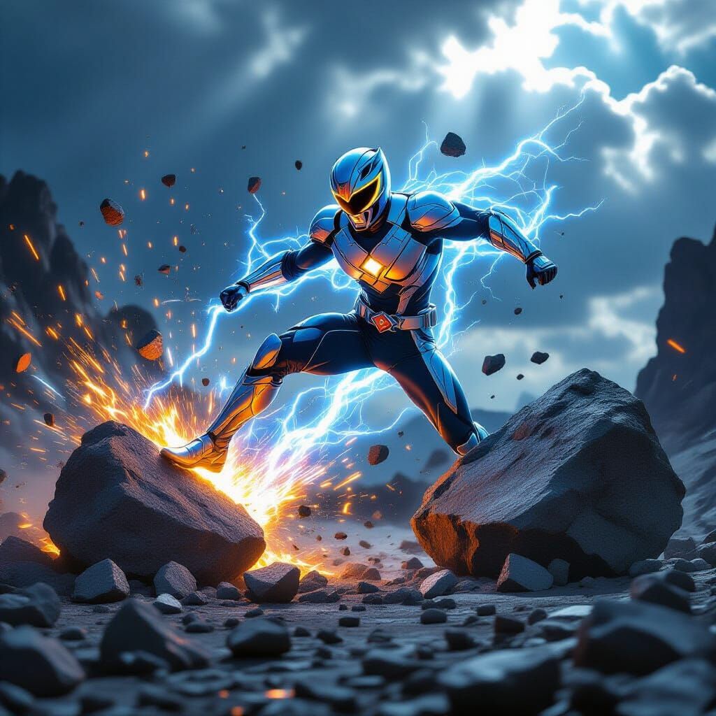 Power Ranger Style Hero Smashes Boulder with Aura