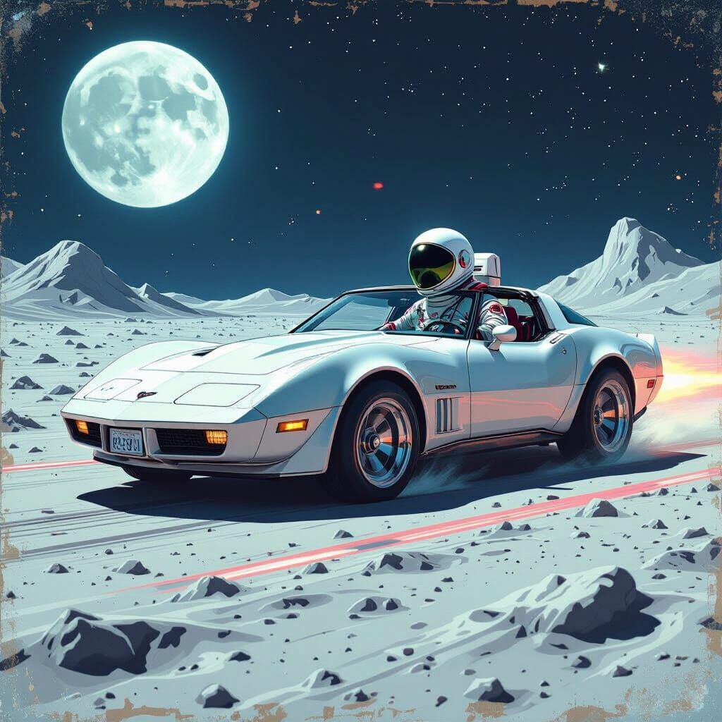 Retro Corvette on the Moon with Alien Driver
