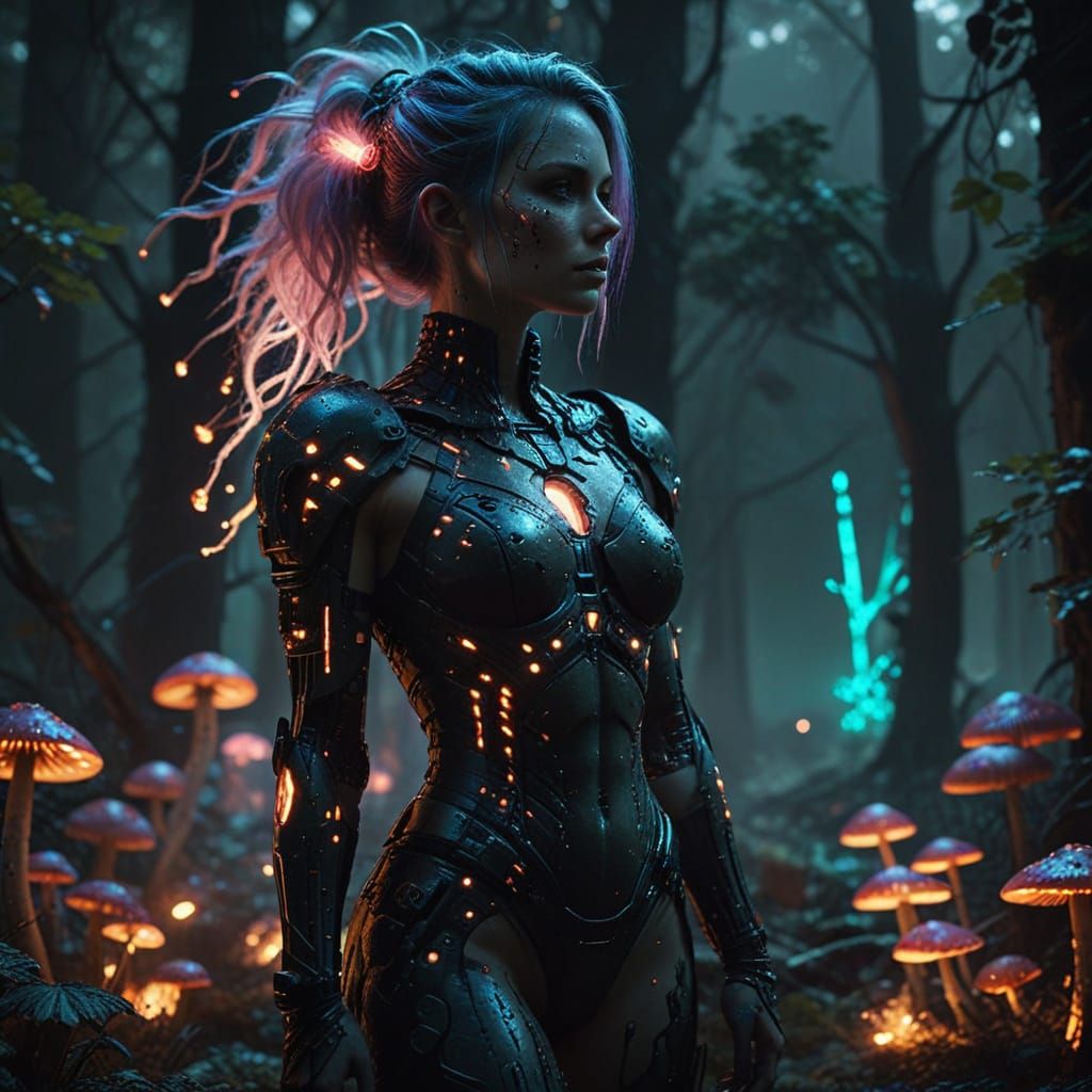 Cyberpunk Fae Amidst Glowing Mushrooms