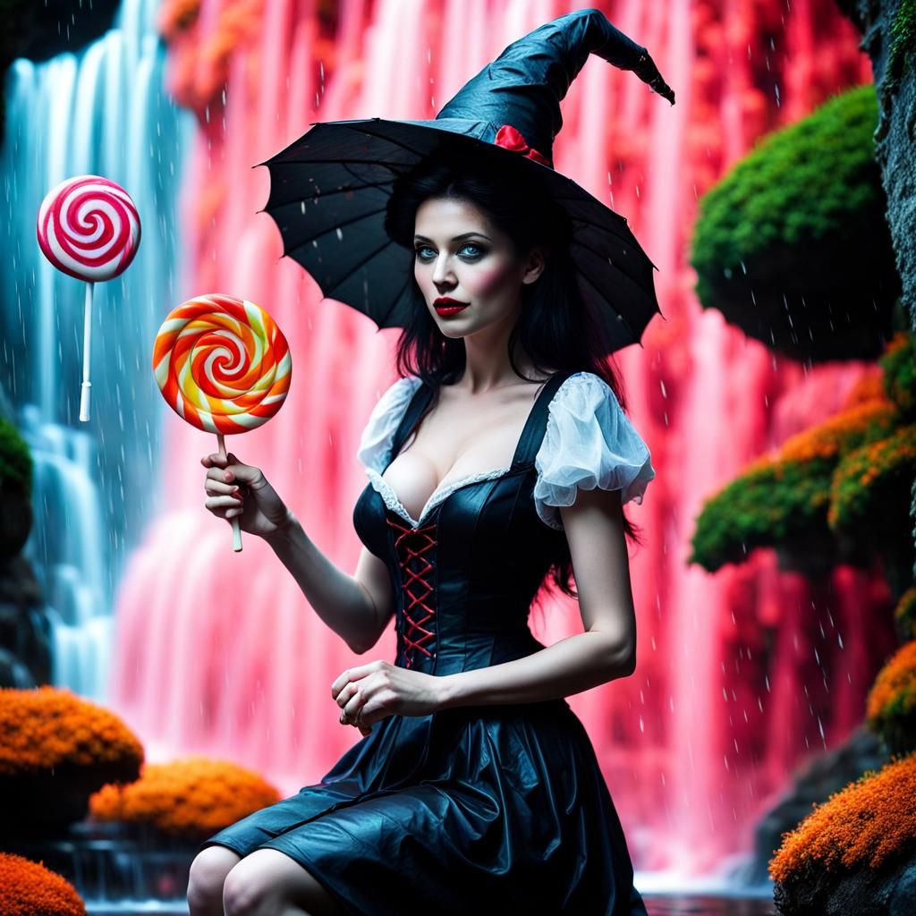 Happy Witch in Magical Waterfall Garden