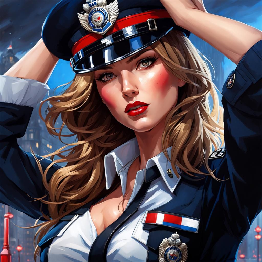 Beautiful French Girl in Police Uniform, Splash Art