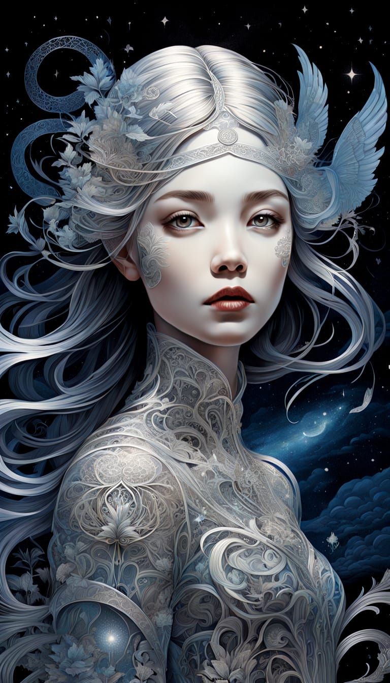 Stylized Celestial Journey with Silhouetted Woman in a Mysti...