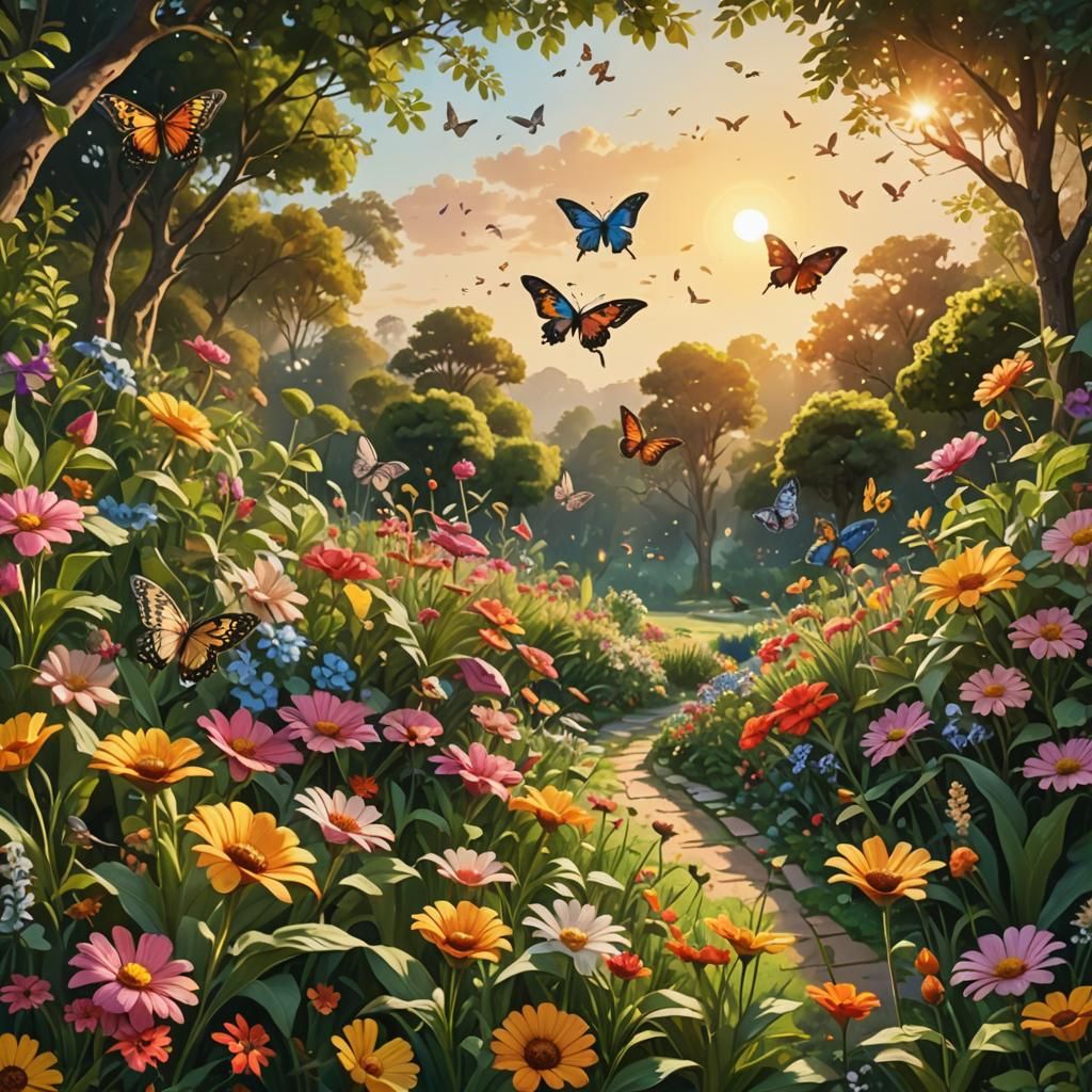 Lush Greenery and Colourful Flowers at Sunrise