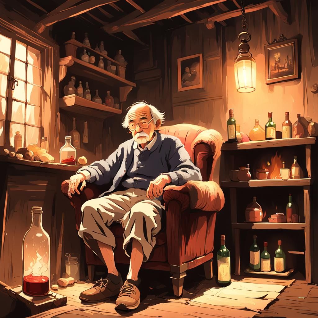 Elderly Man in Dimly Lit House, Ghibli Style