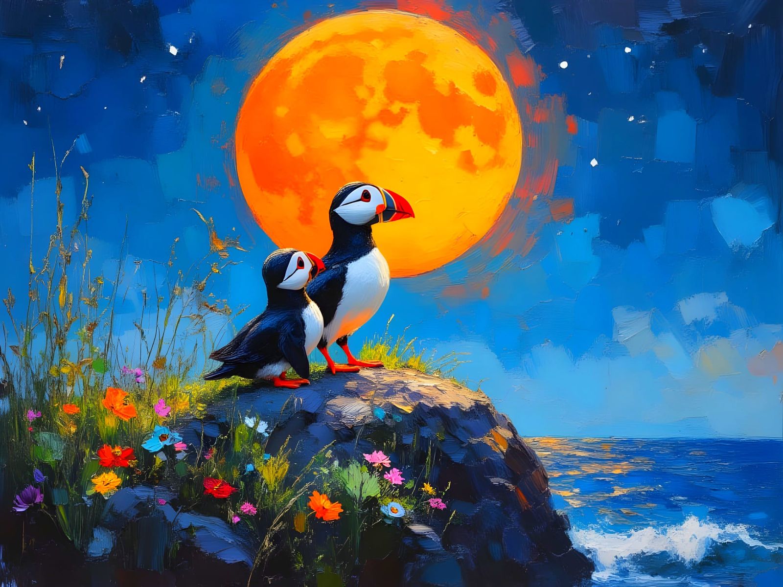 Puffin Family Gazing at Moon, Impasto Painting