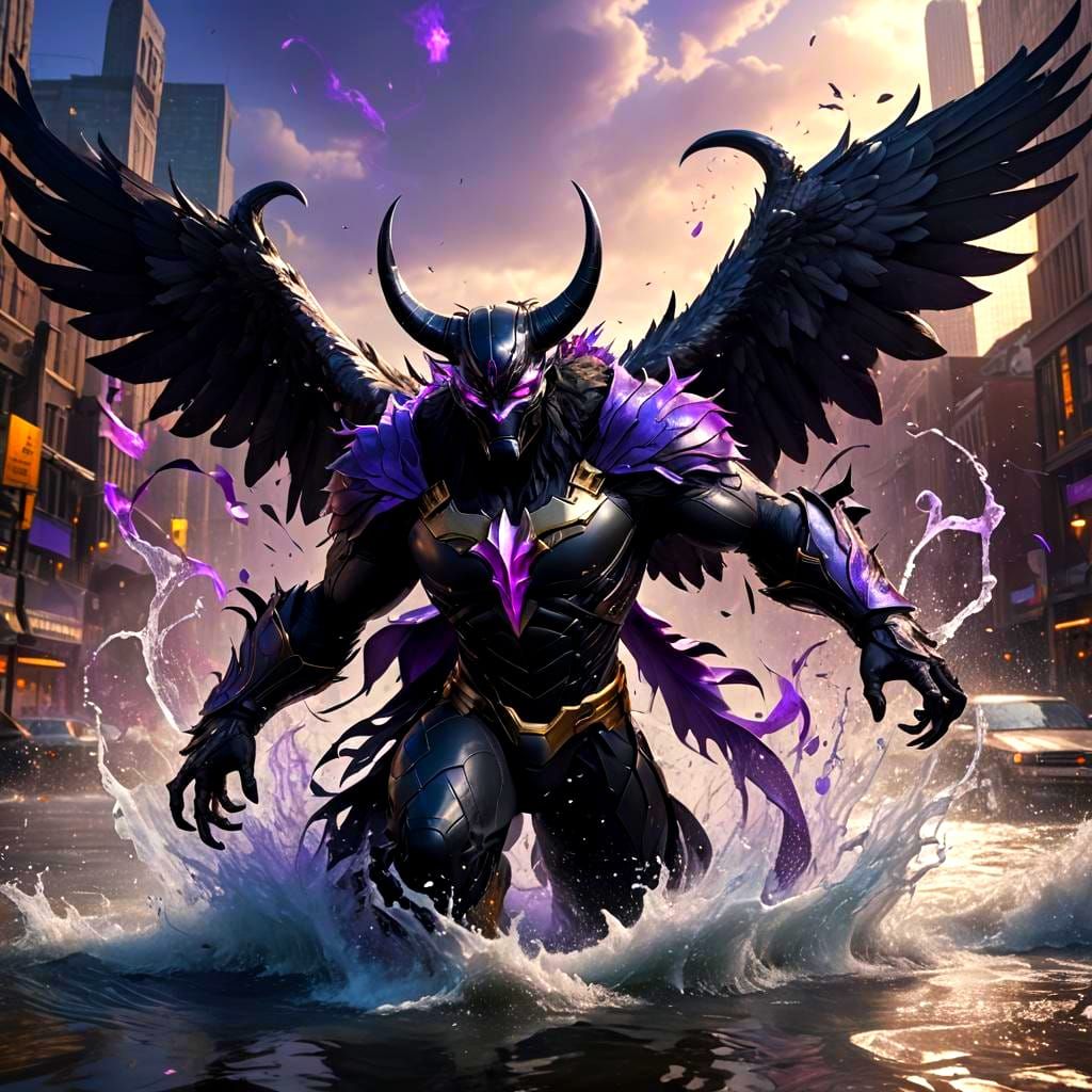 Superhero with Horns and Wings Controls Water